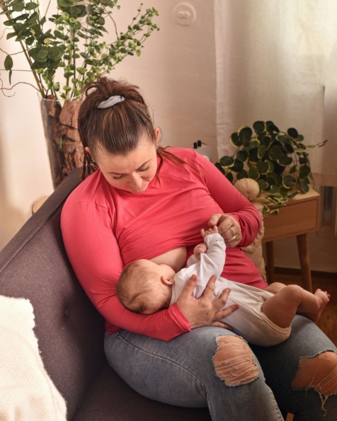 Breast-feeding roll-colar T-shirt Katerina, SALMON PINK - Size: XS/S