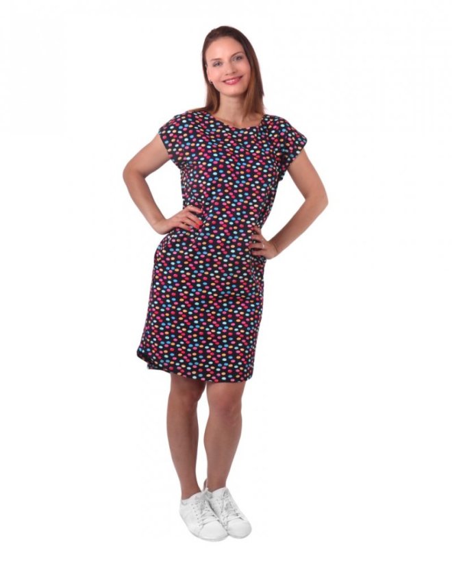 Dámské bavlněné oversized šaty s kapsami Zoe, barevné puntíky na modré - Velikost: XS/S
