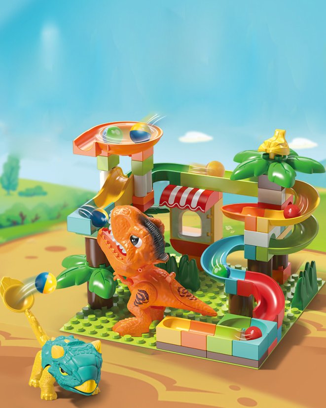 Stavebnice kuličková dráha s dinosaury a katapultem, 78 dílků, pro děti od 3 let