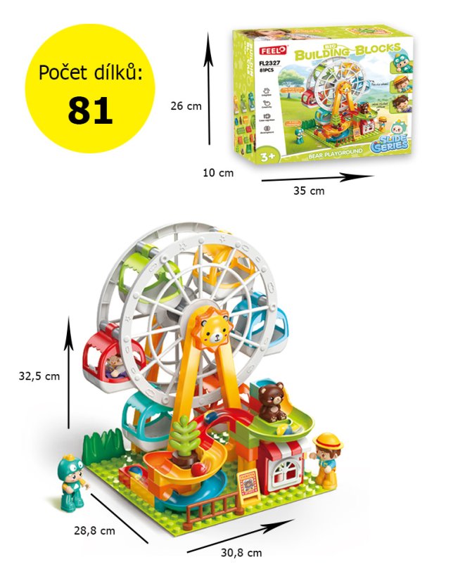 Stavebnice zábavní park s ruským kolem, kuličkovou dráhou a figurkami, 81 dílků, velké kostky pro děti od 3 let