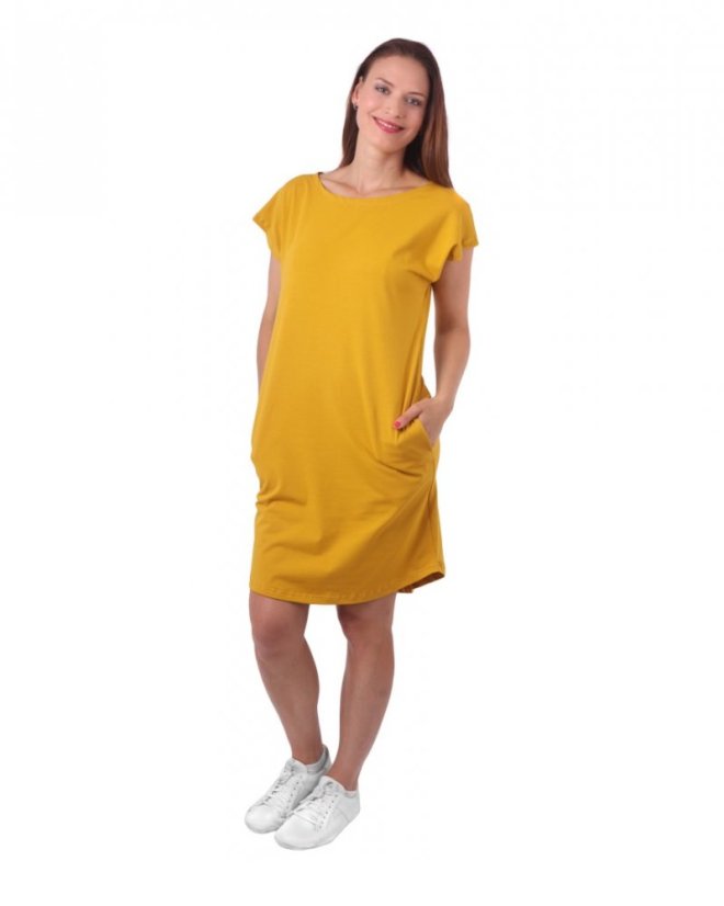 Dámské bavlněné oversized šaty s kapsami Zoe, hořčicové - Velikost: S/M