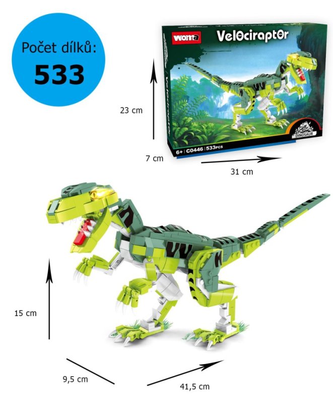 Stavebnice dinosaurus Velociraptor 41 cm – realistický model s pohyblivými klouby, 533 dílků