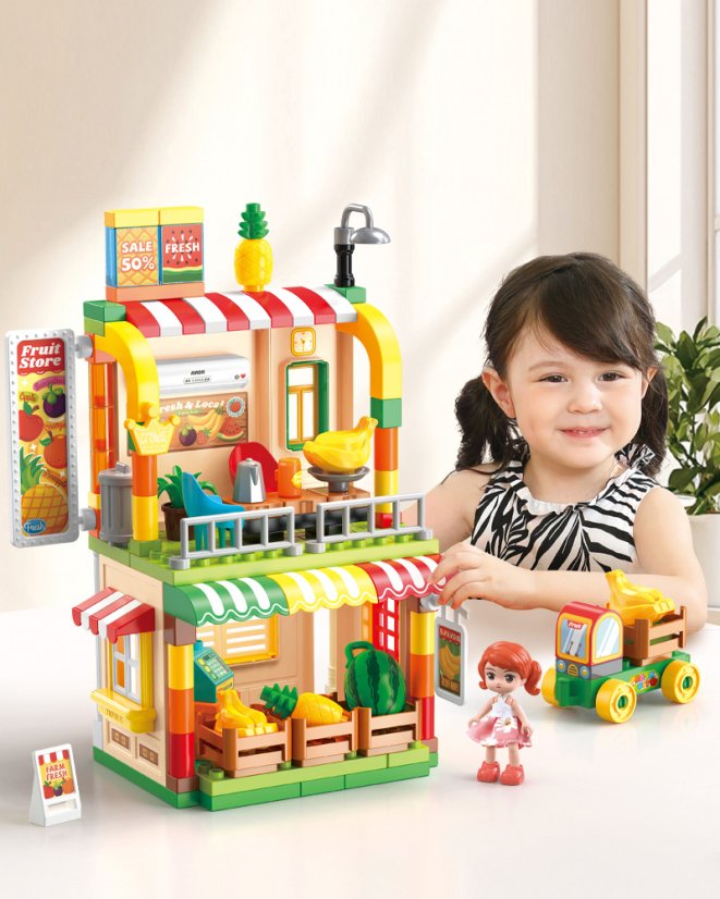 Stavebnice obchod s ovocem a autem, 133 dílků, pro děti od 3 let