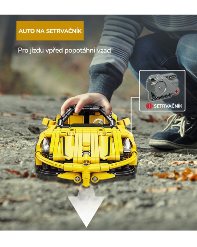 Stavebnice Technic závodní auto dlouhé 25 cm, natahovací s otvíracím kufrem, žluté, 391 dílků