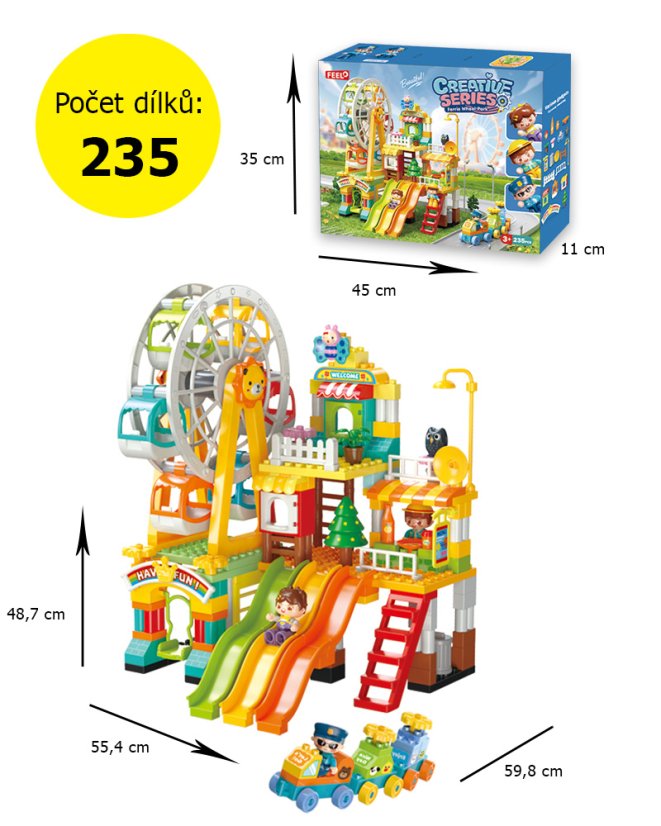 Stavebnice velký zábavní park s ruským kolem, klouzačkami, vláčkem a figurkami, 235 dílků, velké kostky pro děti od 3 let