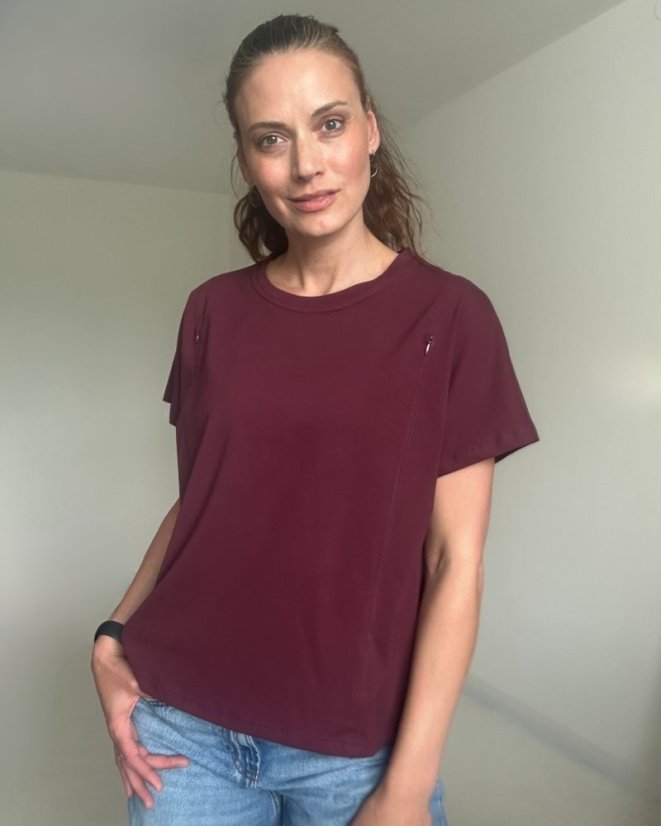 Kojicí tričko se zipem Kira, oversized – bordo