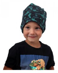 Dětská čepice bavlněná, oboustranná, černá+fleky zelené na černé