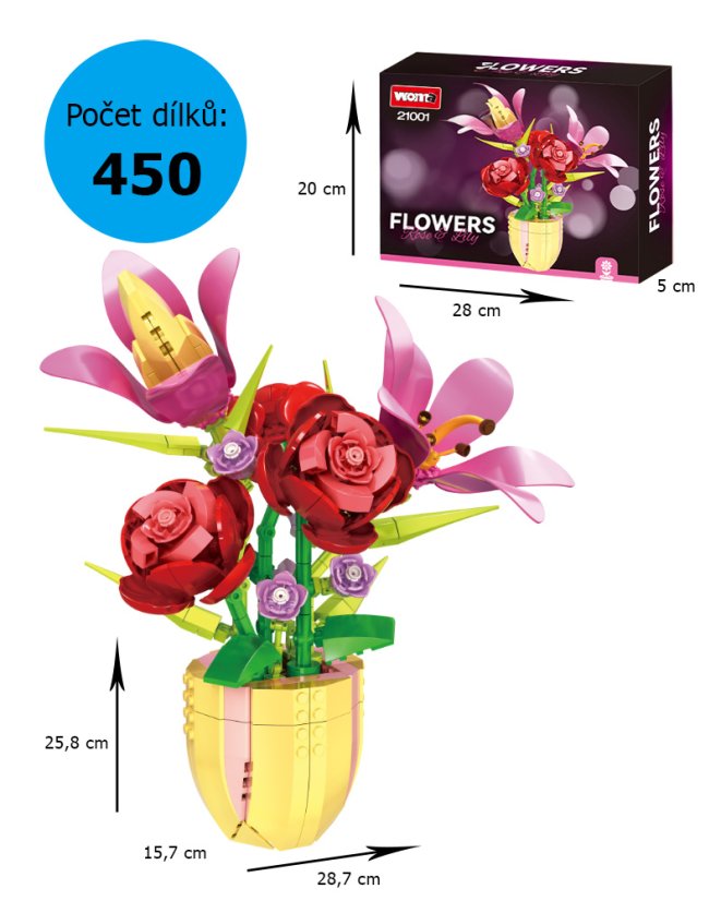 Stavebnice květiny v květináči (450 dílků) – růže, lilie a krokusy