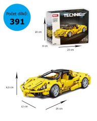 Stavebnice Technic závodní auto dlouhé 25 cm, natahovací s otvíracím kufrem, žluté, 391 dílků