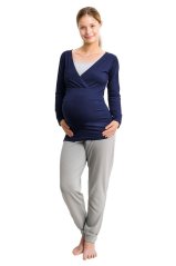 Maternity and breast-feeding pyjamas, long, dark blue + grey