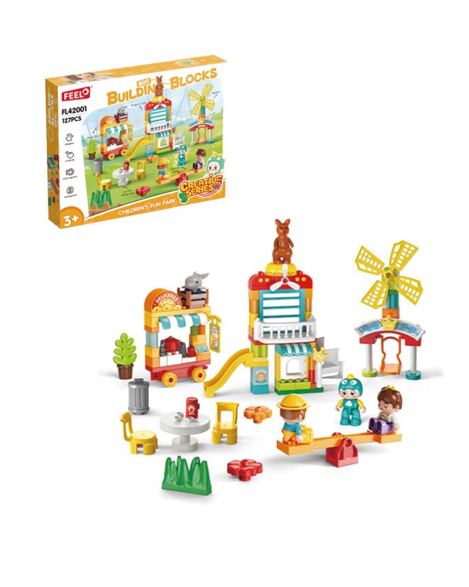 Stavebnica zábavný park s hojdačkou a veterným mlynom, 127 dielikov, veľké kocky pre deti od 3 rokov