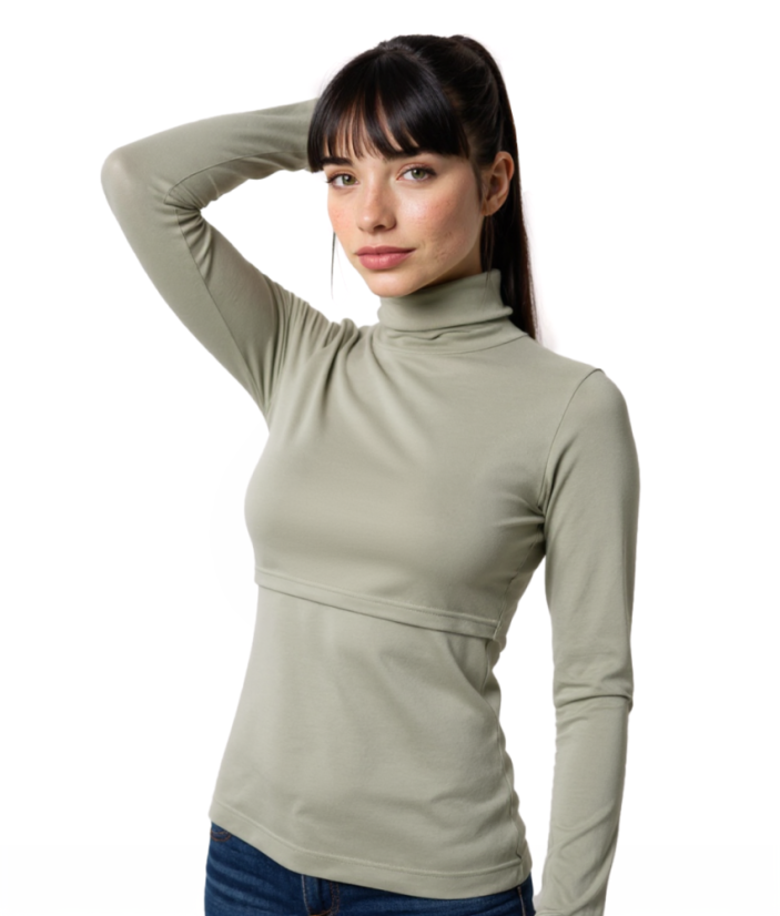 Breast-feeding roll-colar T-shirt Katerina, olive - Size: M/L