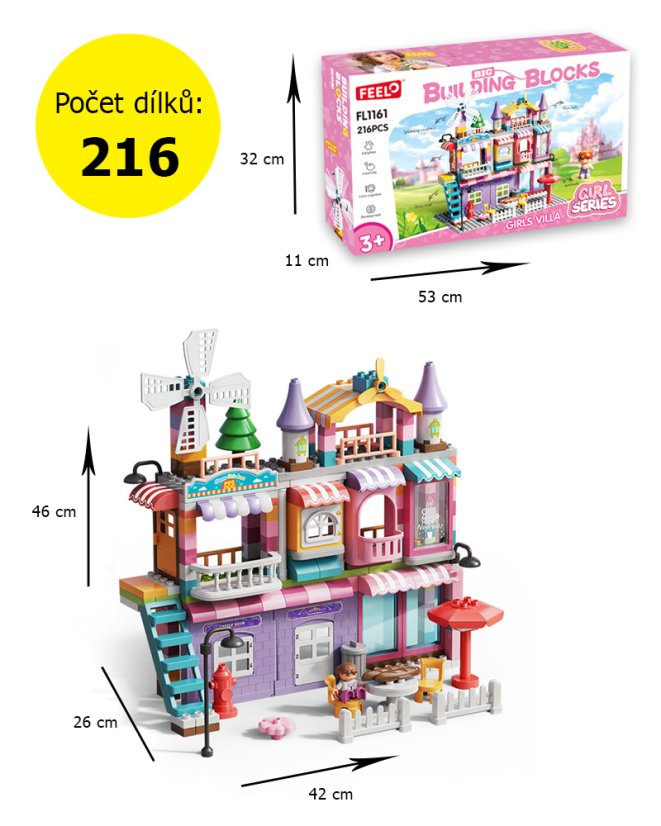 Stavebnice pro holky 3 patrová vila, 216 dílků, spousta vybavení a figurka, velké kostky pro děti 3+