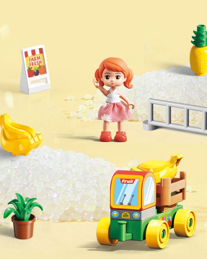 Stavebnice obchod s ovocem a autem, 133 dílků, pro děti od 3 let