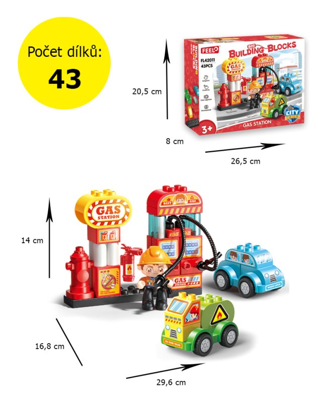 Stavebnice pro nejmenší Čerpací stanice se dvěma auty, velké kostky pro děti 3+