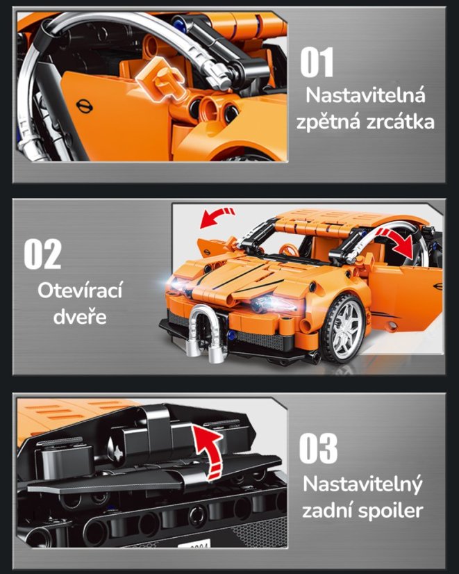 Stavebnice Technic velké závodní auto (22 cm), natahovací s interaktivními prvky, oranžové, 388 dílků