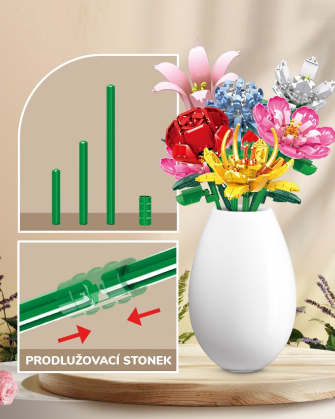 Stavebnice květina s nastavitelnou délkou stonku, růžová lilie, 53 dílků