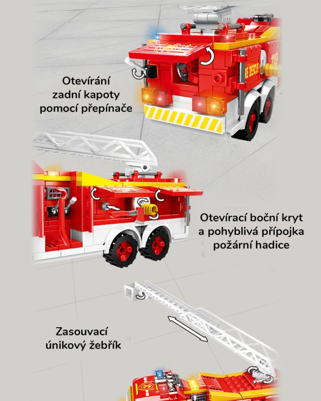Stavebnice hasičské auto s pohyblivými prvky, velké 20cm, 433 dílků