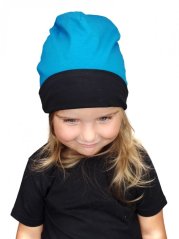 Detská čiapka bavlnená, obojstranná, čierna + tmavý tyrkys