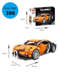 Stavebnice Technic velké závodní auto (22 cm), natahovací s interaktivními prvky, oranžové, 388 dílků