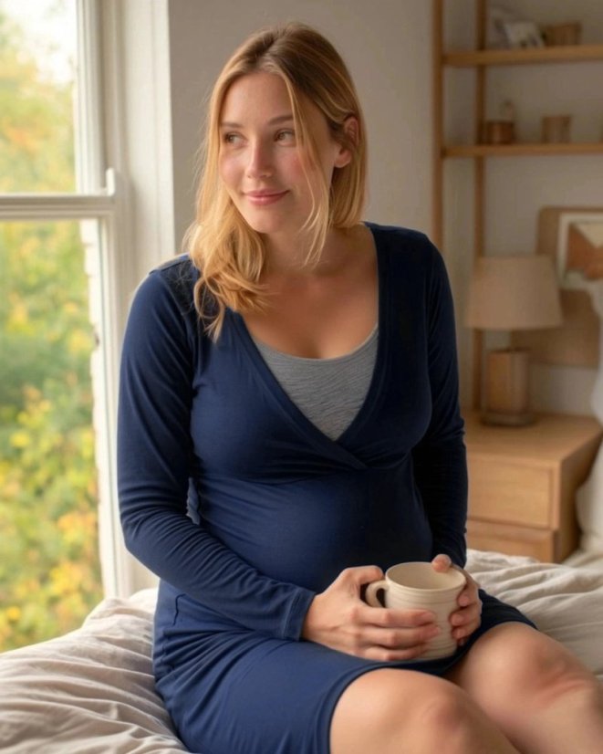 EVA- Umstands- und Stillnachthemd, lange Ärmel, dunkel blau - Größe: L/XL