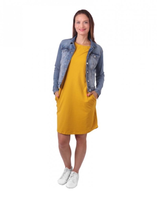 Dámské bavlněné oversized šaty s kapsami Zoe, hořčicové - Velikost: S/M
