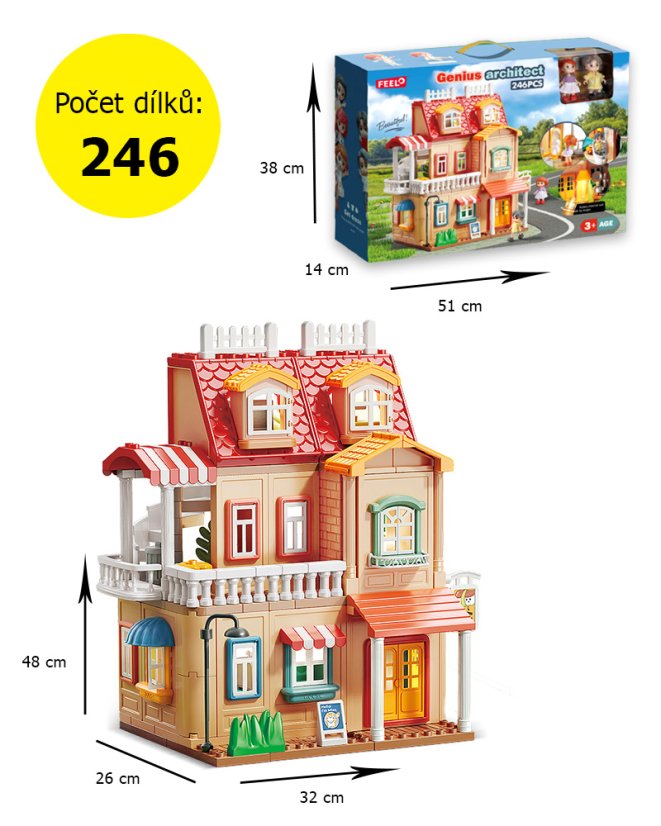 Stavebnice 3 patrová vila se svítícími světly, 246 dílků, spousta vybavení a velké figurky, pro děti od 3 let