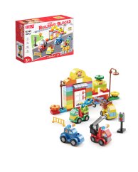 Stavebnica čerpacia stanica s autami – veľké kocky pre deti od 3 rokov, 105 dielikov