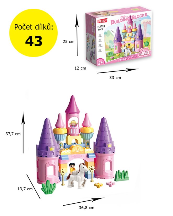 Stavebnice pro holky od 3 let Zámek s princeznou, princem a koněm, 43 dílků