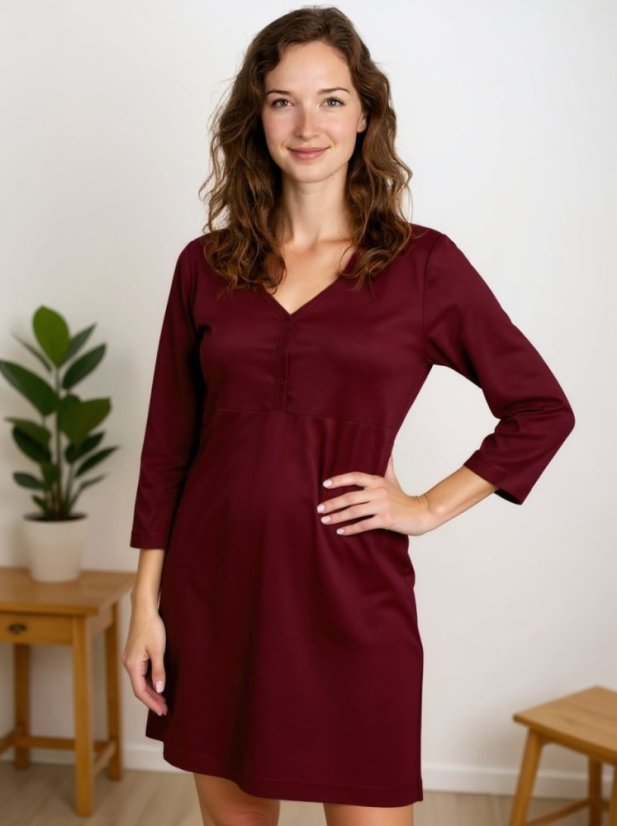 Kojící noční košile rozepínací, 3/4 rukáv, bordo