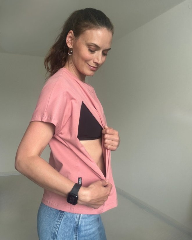 Kojicí tričko se zipem Kira, oversized – starorůžové