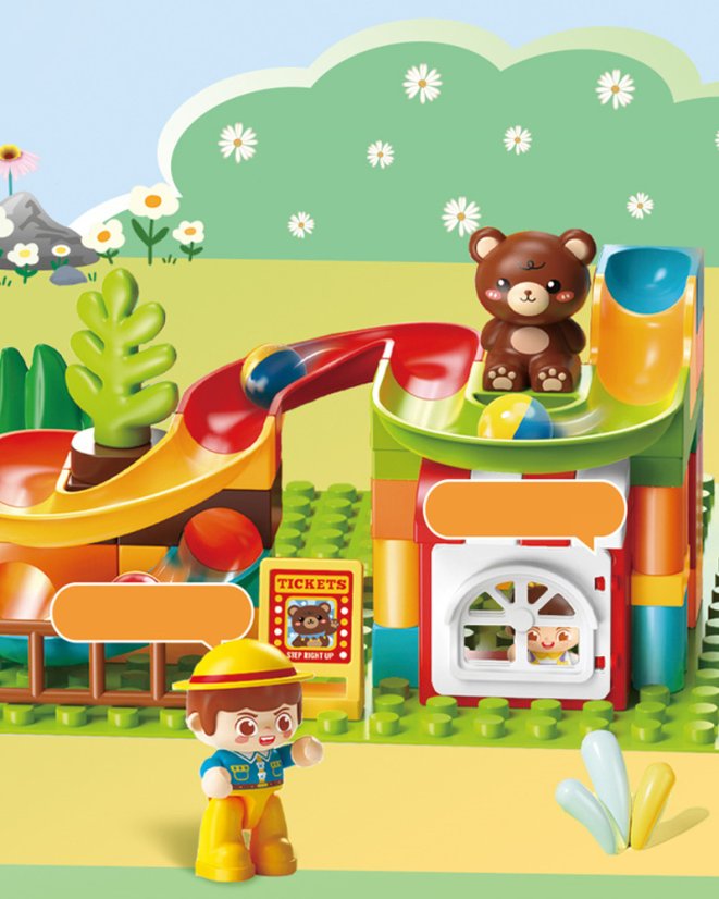Stavebnice zábavní park s ruským kolem, kuličkovou dráhou a figurkami, 81 dílků, velké kostky pro děti od 3 let