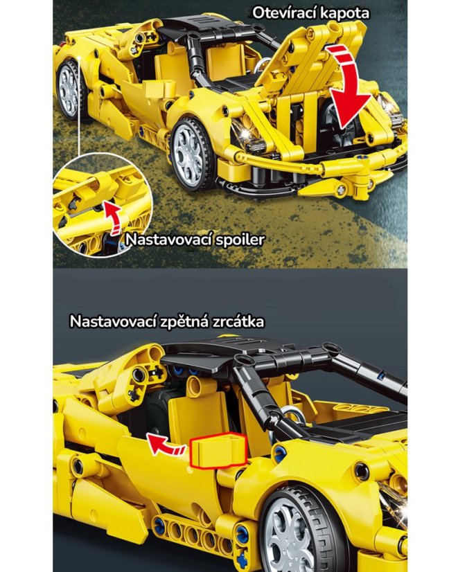 Stavebnice Technic závodní auto dlouhé 25 cm, natahovací s otvíracím kufrem, žluté, 391 dílků