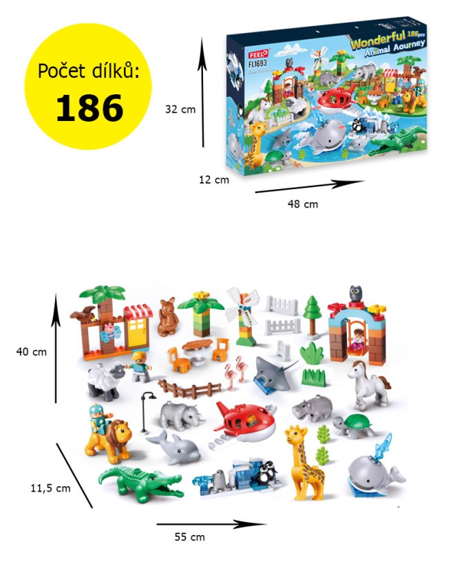 Stavebnice 186 dílků velká sada zvířátek + letadlo s pilotem a další příslušenství, kompatibilní velké kostky pro děti od 3 let