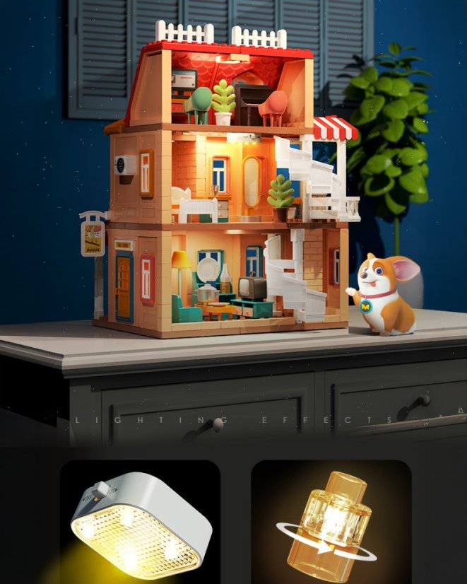 Stavebnice čtyřpatrový dům s LED a autem, 690 dílků, pro děti od 3 let