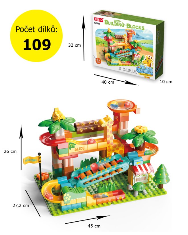 Stavebnice s kuličkovou dráhou a klavírní skluzavkou (zvonkohra), 109 dílků, velké kostky pro děti od 3 let