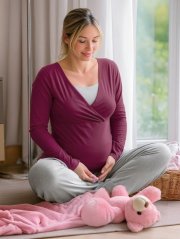 Maternity and breast-feeding pyjamas, long, cyclamen + grey