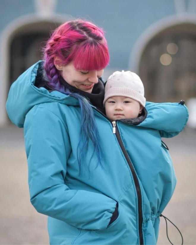 Zimný kabát na nosenie detí Freya + TEHOTENSKÁ VSADKA, tyrkysový