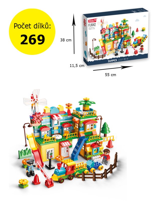Velká stavebnice město budovami, silnicí, vlakem a figurkami, 269 dílků pro děti od 3 let