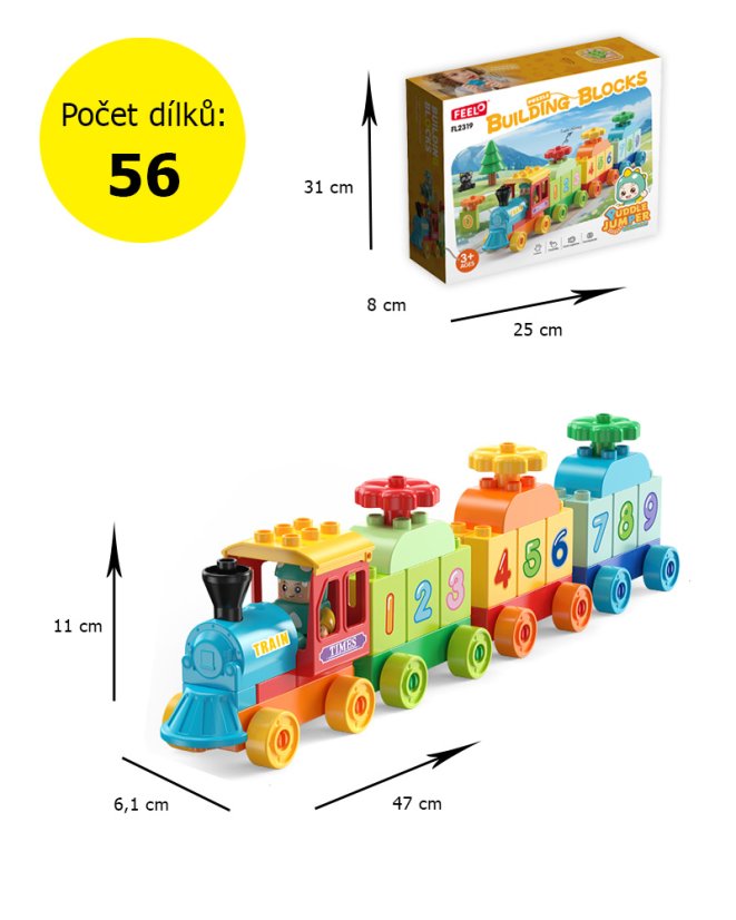 Large building blocks train with numbers, 56 pieces, age 3+